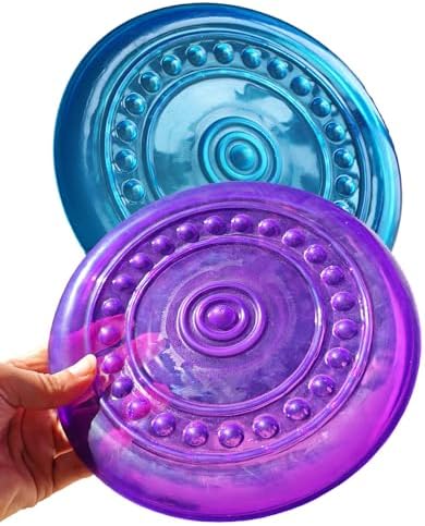 Dog Flying Discs Soft Teeth Cleanning Chew Toys,Rubber Material, Durable, Indestructible,2 Pack,18.5cm,90g,Blue and Purple Colors for Puppies Small Medium Dog Outdoor Training.