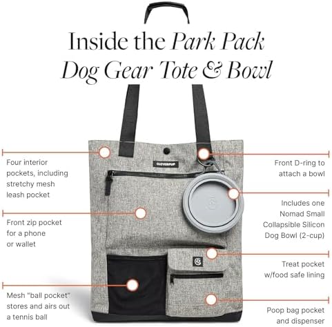 Cleverpup Park Pack 2-Piece Dog Gear Travel Tote - 8 Pockets, Heather Grey