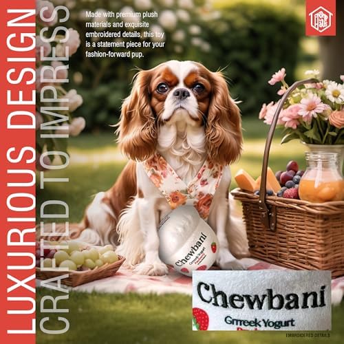 Chewbani Grrreek Yogurt – Luxurious Parody Plush Dog Toy with Squeaker, Premium Fabric, Embroidered Details, Designer-Inspired Chew Toy, Fun Gift for Small Dogs & Dog Lovers