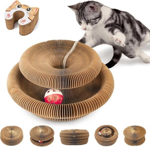 Magnetic & Reversible Cat Cardboard Scratcher, Cat Toys for Indoor Cats, Collapsible Ball Track with Bell, Interactive Cat Toys for Chasing and Scratching, for Both Adult & Kittens Cat