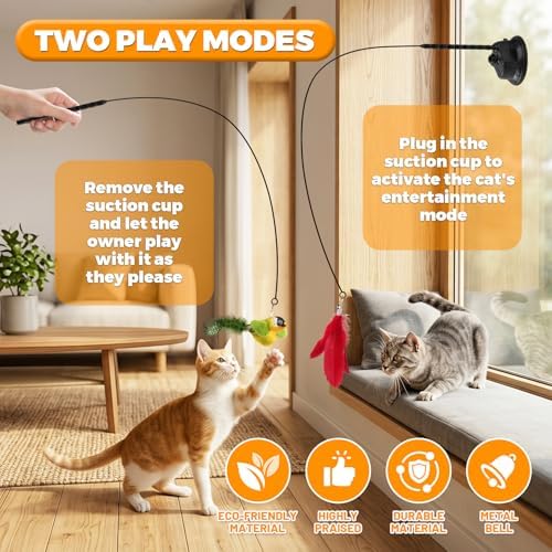 Interactive Suction Cup Cat Teaser Wand, Cat Toy with Simulated Bird & Spinning Feather Attachments, Strong Suction Base & Long Steel Wire for Kitten Self-Entertainment (Detachable)