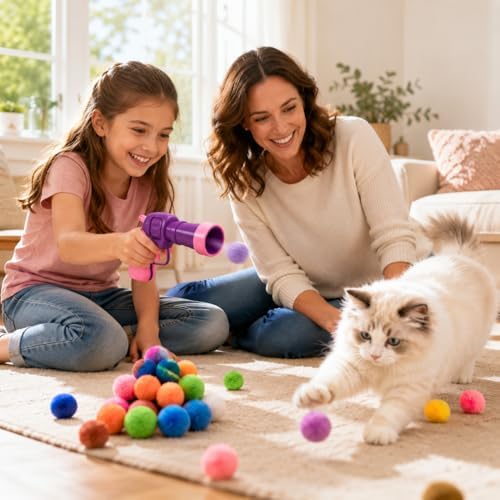 Cat Fetch Toy Launcher with 50 Colorful Pom Pom Balls, Cat Balls Fetch Toy Interactive Manual Thrower for Cats, Funny Cat Toy Gun for Bored Indoor, Pink and Purple (13 cm)