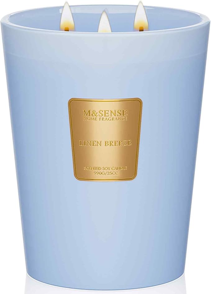 M&SENSE Linen Breeze Soy Candle, 35oz 3-Wick 150H, Large Fresh Clean Natural Scented Candles, Summer Scented Room Freshener, Housewarming Gift