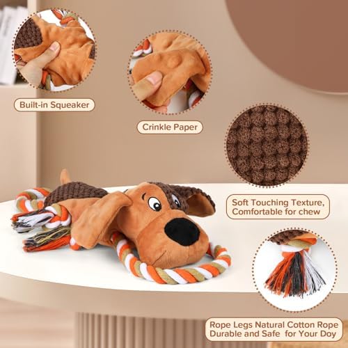 Dog Squeaky Toys for Puppies & Small Dogs - Bubble Plush Cuddle Buddy with Sliding Rope for Teething & Anxiety Relief, Interactive Tug Toy for Gentle Chewers (Chihuahua, Yorkie, Corgi, Poodle)