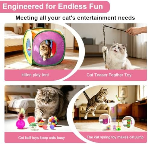 Retro Shaw 33Pcs Cat Toys with Tunnel, Kitten Toys for Indoor Cats | Interactive Cat Feather Teaser Wand Springs Pompom Ball Bell Plush Mice for Kitty Exercise Game