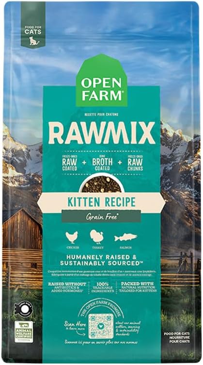 Open Farm RawMix Dry Cat Food, Grain Free Kibble for Kittens, 8lb Bag | Humanely-Raised Chicken & Turkey, Wild-Caught Salmon, Freeze Dried Raw Chunks, Traceable Ingredients, Non-GMO Produce.