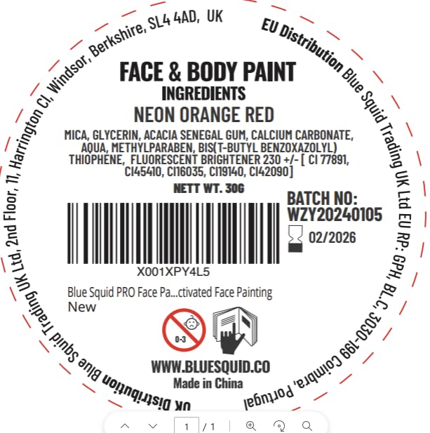 Blue Squid Face Paint Water Based Single Cake Professional Face Paint & Body Paint - Water Activated, Kids Adults Face Painting for Costume, Halloween Makeup, Cosplay - Neon Orange Red Face Paint 30g