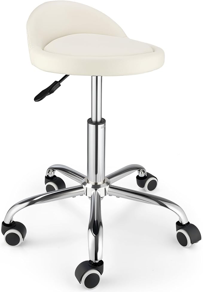 Swivel Rolling Stool with Wheels Height Adjustable Stool Chair Drafting Chair with Backrest Stable Base Foot White