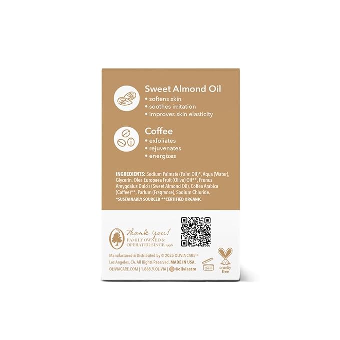 Olivia Care Exfoliating Bar Soap, Coffee Beans, 100% Natural, Organic Ingredients, Clean Energize Mind Body, Full of Vitamin & Antioxidants (Almond Latte)
