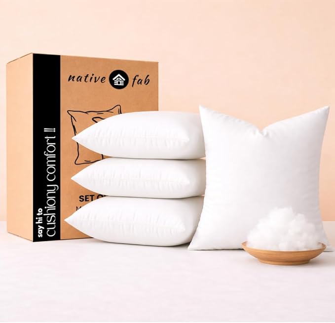 Native Fab Throw Pillow Inserts, Pack of 4, 18x18 Inches, White Polyester, Soft Decorative Cushion Fillers for Bed, Couch, Living Room, Reading Corner, Stylish Support & Home Comfort