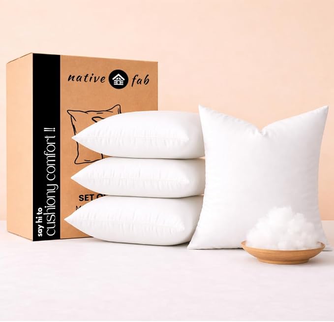 Native Fab Decorative Pillow Inserts, Pack of 4, 20x20 Inches, White Polyester, Premium Cushion Fillers for Living Room, Sofa, Bed, Chair, Plush Support & Luxurious Home Décor Accent