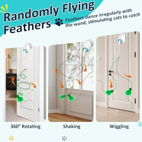 Interactive Cat Toys for Indoor Cats, Automatic Flying Feather Wand, Suction Cup Design, USB Rechargeable, Wall-Mounted Hanging Cat Toys for Bored Indoor Adult Cats