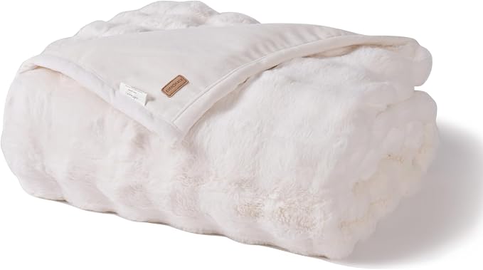 Faux Rabbit Fur Bubble Throw Blanket, 60"x80", Ivory White | Ultra Soft, Luxury Faux Rabbit Fur Throw, Thick Warm Bubble Blanket, Cozy Fluffy Reversible, for Bed, Couch, Chair, Sofa