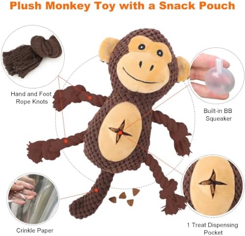 Dog Squeaky Chew Toy, Plush Crinkle Rope Dog Toy - Brown Monkey