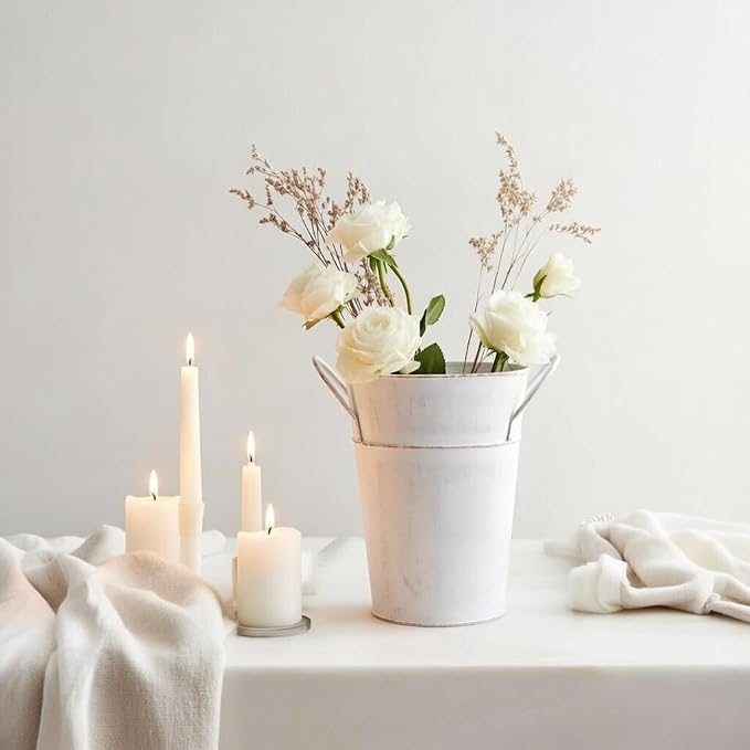 Hosley Set of 2 White Wash Finish Bucket/Pot Vase with PVC Liner, 5" Dia x 7" H Ideal Gift for Floral Arrangements Wedding Home Office Party DIY Indoor Outdoor Garden Patio