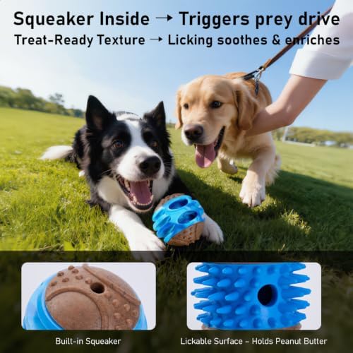MECOOL 2PCS Durable Dog Chew Toys, Squeaky Chew Ball & Treat Dispensing Toy, Tough Nylon Ends & Natural Rubber for Aggressive Chewers, Interactive Puzzle Toys for All Breed Dogs,Bacon Flavored,Blue