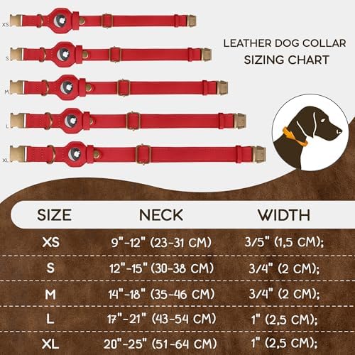 AirTag Dog Collar - Genuine Leather Dog Collar with Apple AirTag Holder and Metal Buckle - Smart GPS Tracking Pet Collars (Red, M, 14"-18" Neck Fit)