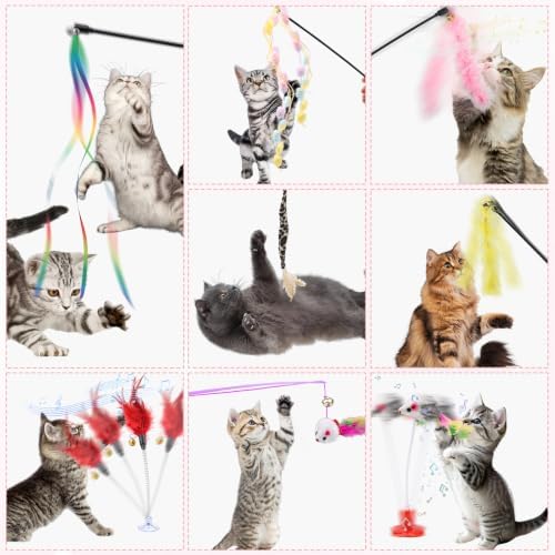 QUOZUO 8 Pack Interactive Cat Wand Toy Set, Cat Teaser Wand with Bells Colorful Feather Rainbow Kitten Toys for Exercise Indoor Cats Kitten