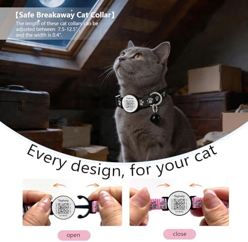 2 Pack QR Code Cat Collars with Bells & Reflective Strip - Breakaway Safety Buckle Adjustable 7.5-12.5 Inches for Kittens and Cats - Black Set with Emergency Contact Tag (Black)