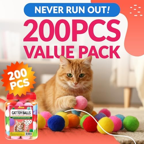 HA SHI [200pcs in Sturdy Jar] 1.2 Inch Soft Plush Cat Toy Balls - Perfect Size Interactive Fetch Toys for Indoor Cats, Quiet Night Play, Assorted Colorful Fuzzy Poms for Kittens