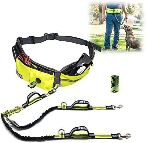 TAKSIN The Ultimate Hands Free Two Dogs Double Leash System for Walking Running Hiking Training, Reflective Bungee Leash, Treat Holder, Poop Bag Dispenser for Small Medium Large Dogs (Yellow Pack)