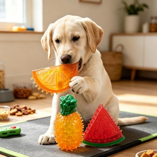 HERCHR Freezable Dog Chew Toy, Fruit Shapes Squeaky hot Weather Cooling Pet Teething Toy Soft Interactive Puppies Chewing Training Tool for Small Medium Dogs (Pineapple)
