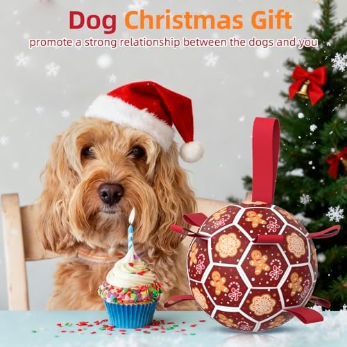 Diman Dog Soccer Ball with Straps, Christmas Dog Toys, Pet Toys Balls for Meium Large, Pet Birthday Gift, Outdoor Pet Toys for Tug of War (7 Inch)