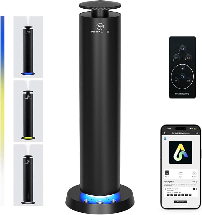 Waterless Diffuser,1800 Sq.Ft APP Control LED Light Ultra Quiet | 120ml Wireless Rechargeable Cold Air Essential Oil Diffusers, Button Control, Black Design, Modern Home & Bedroom