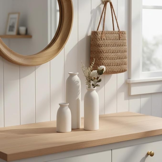 CEMABT Beige Ceramic vase Set-3 Flower vases for Decor,Modern Boho Farmhouse Home Decor,Decorative vase for Pampas Grass&Dried Flowers,idea Shelf,Table,Bookshelf