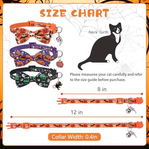 KOOLTAIL Halloween Cat Collar Breakaway with Bowtie and Bells, 3 Pack Cute Kitten Collars, Adjustable Safety Buckle Pumpkin Ghost Charm Pendant Pet Collars for Kitty Boys Girls Cats Holiday Orange