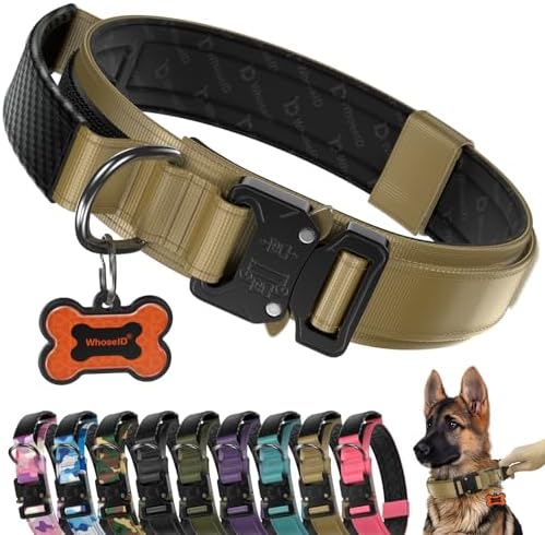 Premium Tactical Dog Collar - Adjustable Military Heavy Duty Dog Collar for Medium Large Dogs - Durable Metal Buckle Dog Collar with Leather Control Handle and Soft Comfortable Padding