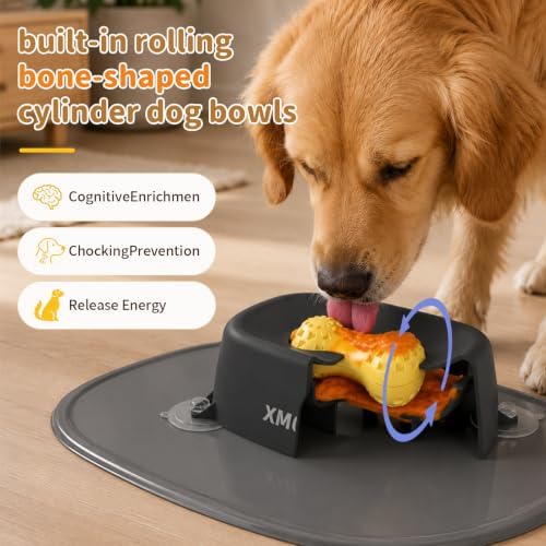 Dog Lick Bowl Slow Feeder with Rolling Log & Suction Base, Black Mat