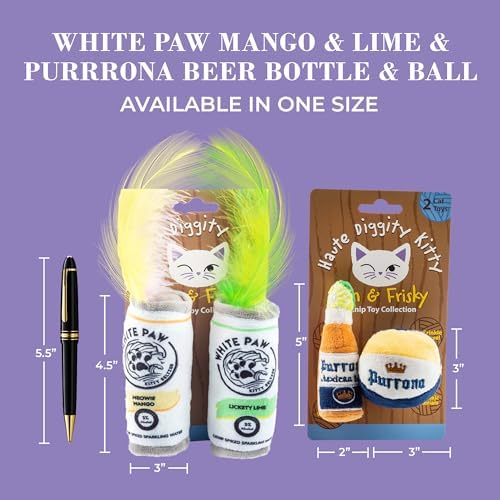 Haute Diggity Kitty White Paw + Purrrona Bottle & Ball, Soft Plush Cat Toys