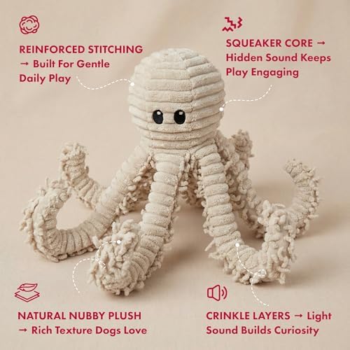 petlou Durable Natural Nubby Plush Dog Toys with Squeaker and Crinkle Paper in Multi-Size (Natural Octopus - L, 18 Inch)