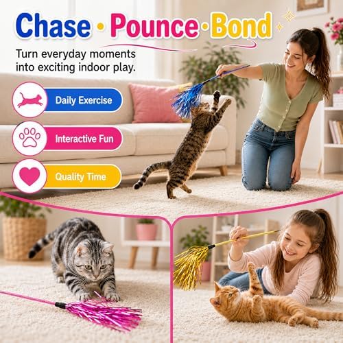 ADUCK Tinsel Cat Wand Toys for Indoor Cats, Interactive Kitten Toys, 3 Pack