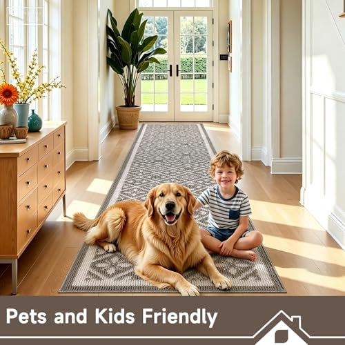 Ileading Hallway Runner Rug 2x10 ft,Washable Indoor Brown Entryway Carpet with Non Slip Rubber Backing,Low Pile Heavy Duty Kitchen Floor Mat for Entrance & High Traffic Areas
