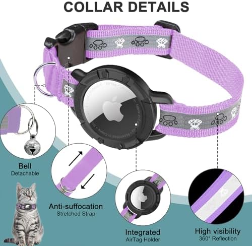 Reflective AirTag Cat Collar, Integrated Cat Collar with Air Tag Holder | Built in AirTag Holder, Adjustable 7-13in for Cats, Kittens and Puppies, Safety Elastic Band, Reflective for Night Walking