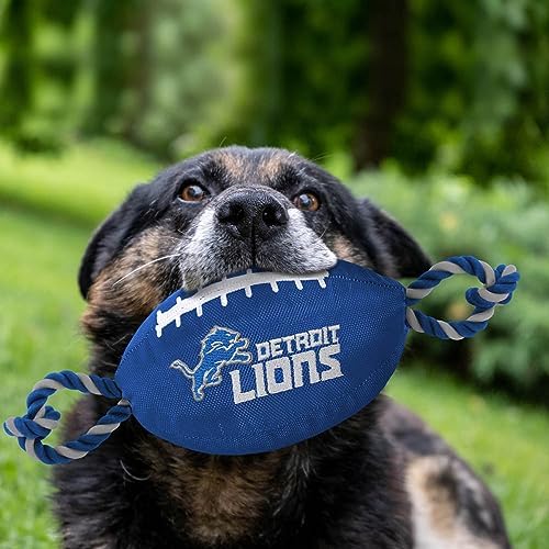 Pets First NFL Detroit Lions Football Dog Toy, Tough Quality Nylon Materials, Strong Pull Ropes, Inner Squeaker, NFL Team Color