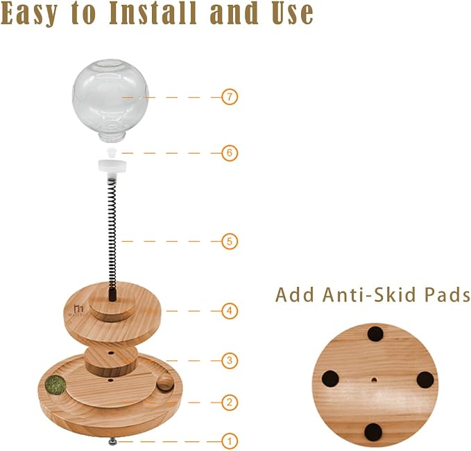 Marchul Cat Puzzle Feeder, Interactive Cat Toy with Treat Dispenser & Roller Track Ball, Wooden Slow Feeder Ball for Indoor Cats, 3-in-1 Food Puzzle Toy for Mental Stimulation