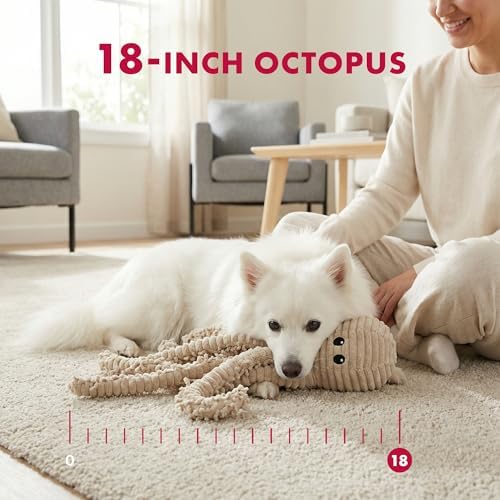 petlou Durable Natural Nubby Plush Dog Toys with Squeaker and Crinkle Paper in Multi-Size (Natural Octopus - L, 18 Inch)