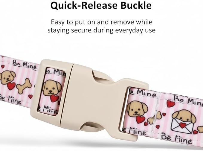 Pink Dog Collar, Girl Dog Collar with Cute Dogs and Hearts, Cute Spring Summer Food Collar with Soft & Breathable Fabric, Adjustable Pet Collar for Small Dogs