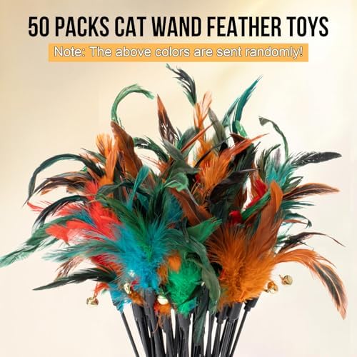 Leitee 50 Pcs Cat Feather Toy Wand Bulk Interactive Stick, Multi-Color