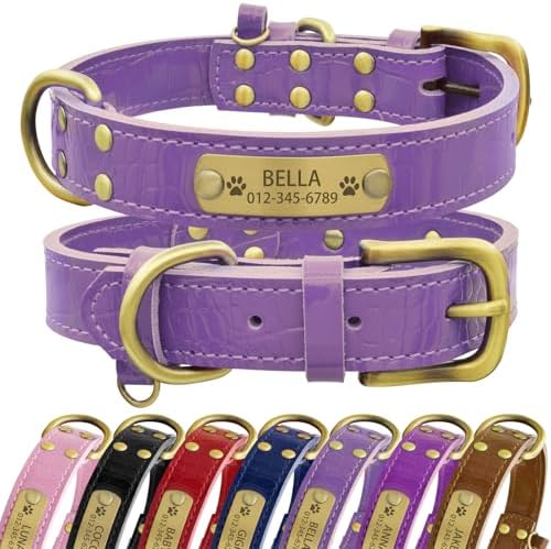 Personalized Genuine Leather Dog Collar with Engraved Name Plate - Durable and Stylish Custom Dog Collar for Small, Medium, and Large Dogs (XL,Light Purple)