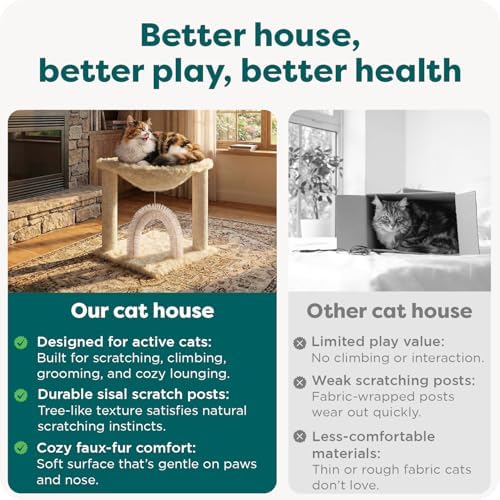 FurHaven 17.3" Tall Cat Scratching Post Tower for Indoor Cats, Sisal Cat Tree, Tiger Tough Hammock Interactive Playground, Toys & Perches for Cats, Sisal, Cream