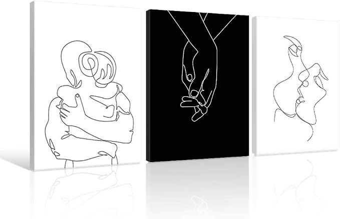 Couples Wall Decor Minimalist Line Wall Art Abstract Love Painting Black and White Line Drawing Art Hug Kiss Holding Poster Prints for Bedroom Bathroom Living Room Wall Decor