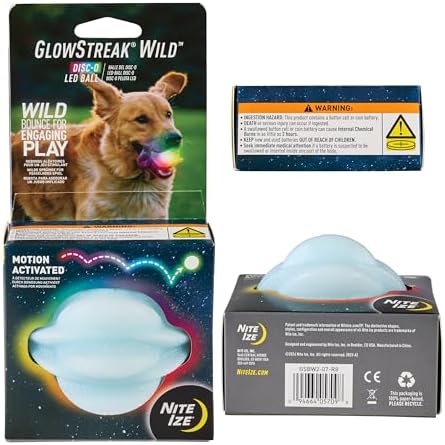 Nite Ize GlowStreak Wild LED Ball, Bouncy Motion Activated Light Up Dog Ball for High Energy Dogs, Disc-O