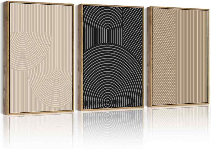 Drsoum Mid-Century Modern Framed Wall Art Minimalist Abstract Boho Neutral Line Wall Decor Geometric Artwork Kitchen Dining Room 12x16in Natural Framed