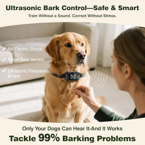 Ultrasonic No Shock Automatic Bark Collar for Medium Large Dogs – Humane Anti Bark Training Collar with 7 Sensitivity Levels, Beep Vibration Ultrasonic, Rechargeable & Waterproof TPU Strap