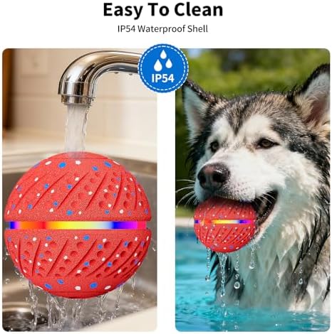 Interactive Automatic Dog Ball, Self-Moving Rolling Toy for Dogs, Chew Resistant E-TPU Material, IPX7 Waterproof, USB-C Rechargeable, Smart Vibration Sensor, Indoor & Outdoor (Red)