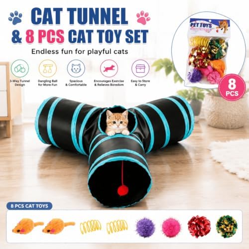 LOS ANDES 3-Way Y Cat Tunnel Toy Bundle with 8 Pcs Interactive Pet Toys for Indoor Cats Rabbits